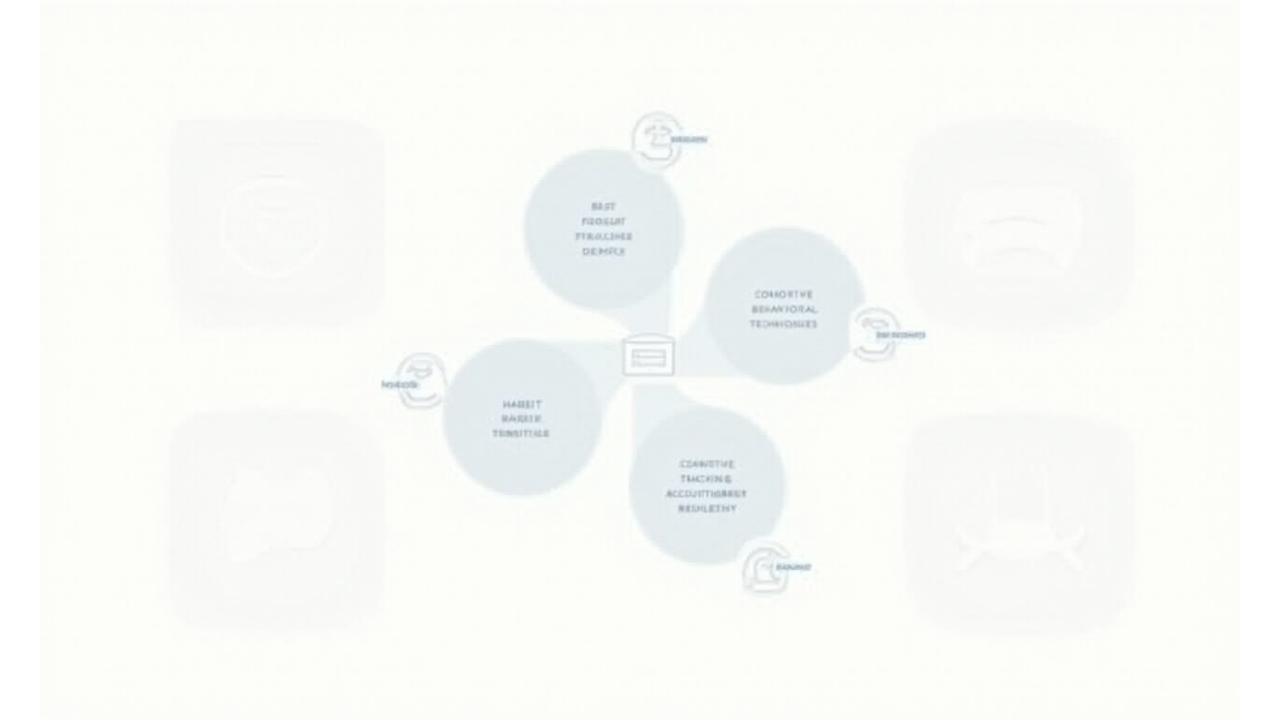 Infographic diagram representing Veritas Bloom's proven behavior change methodology, with interconnected circles for habit stacking, environmental design, cognitive behavioral techniques, and accountability systems.