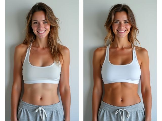 Before and after photos of Sarah P., showing a noticeable increase in energy and a healthier appearance after following her Veritas Bloom nutrition plan.